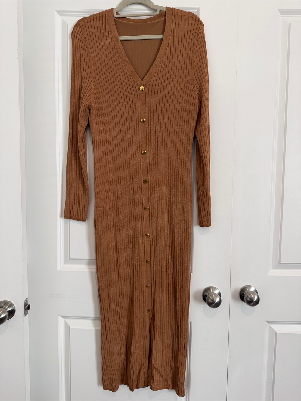 Long Ribbed Button-Front Dress in Caramel